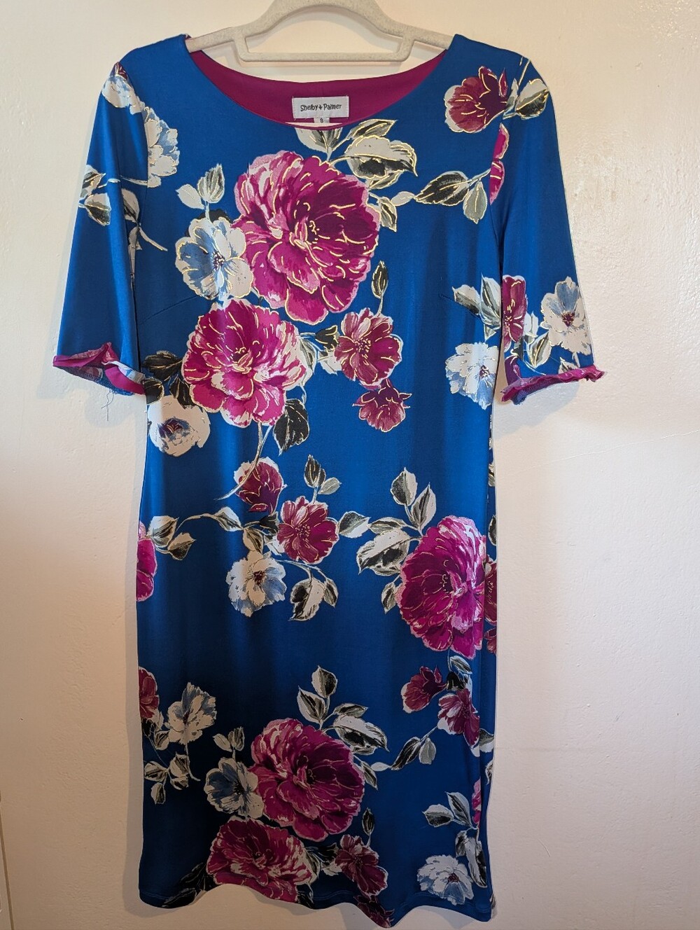 Shelby & Palmer Blue Floral Shift Dress with Pink Blooms Size 8
